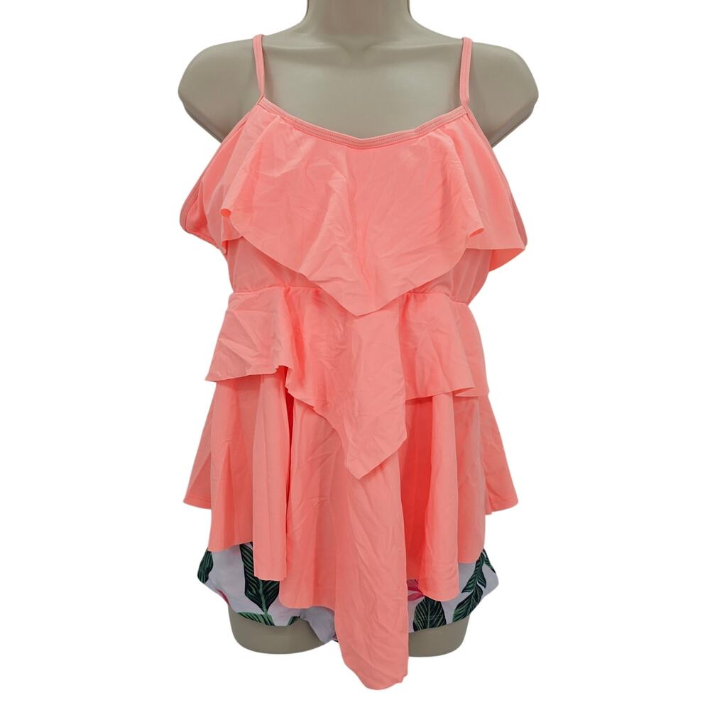 Yonique Womans size 2XL 2 Piece Ruffle Tankini Boyshorts Swimsuit Peach NWOT